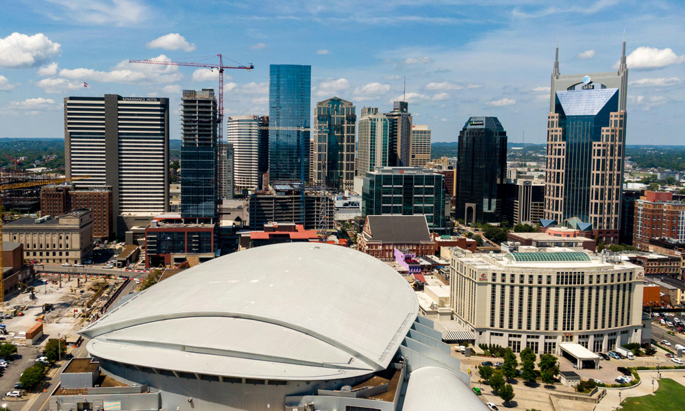 Nashville skyline showing downtown area with modern buildings and Bridgestone Arena